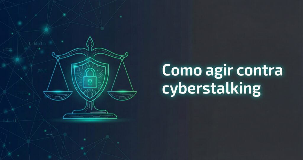 Ilustração corporativa sobre cyberstalking na internet com ícone de segurança digital e balança da justiça em fundo azul-marinho.