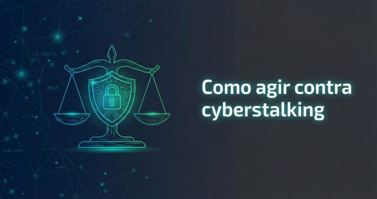 Ilustração corporativa sobre cyberstalking na internet com ícone de segurança digital e balança da justiça em fundo azul-marinho.