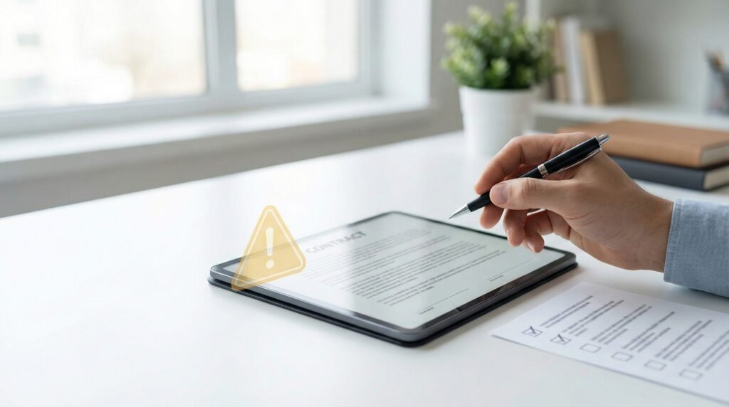 Empreendedor analisando contrato no notebook, com alerta sobre riscos de modelos prontos