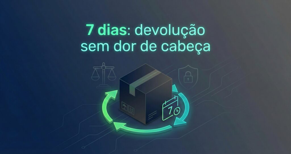 direito de arrependimento Ilustração de caixa de e-commerce com setas de devolução e ícone de calendário indicando 7 dias.