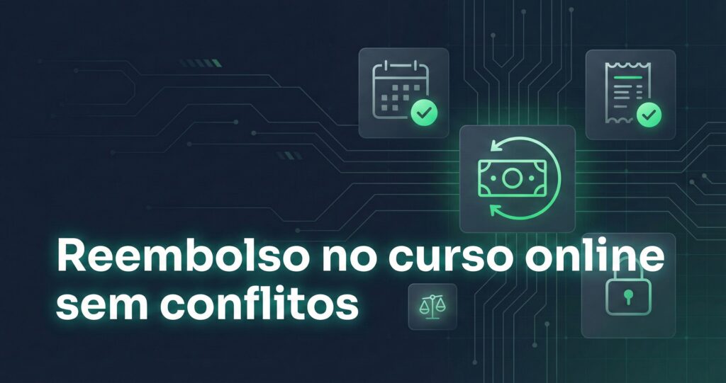 direito de arrependimento curso online com calendário, recibo digital e ícone de reembolso em ambiente de e-learning.