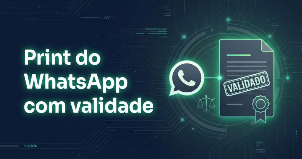 ata notarial WhatsApp com ícone de chat, carimbo de autenticação e balança da justiça em estilo corporativo/tech.