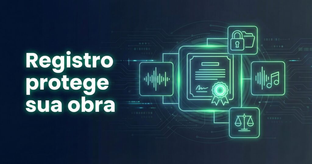 registro de direitos autorais com ícones de arte digital, cadeado e certificado em estilo corporativo/tech.