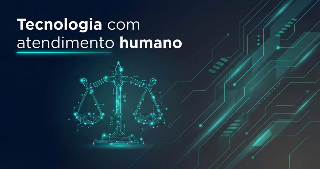 Capa sobre advocacia online humanizada com elementos digitais e balança minimalista