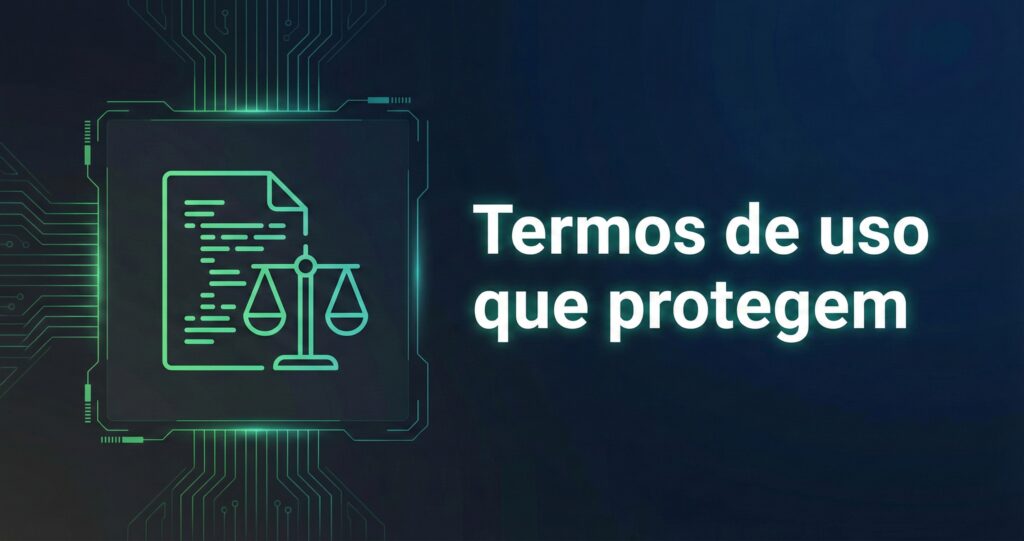 Ilustração corporativa sobre termos de uso para app com elementos de contrato digital e segurança jurídica.